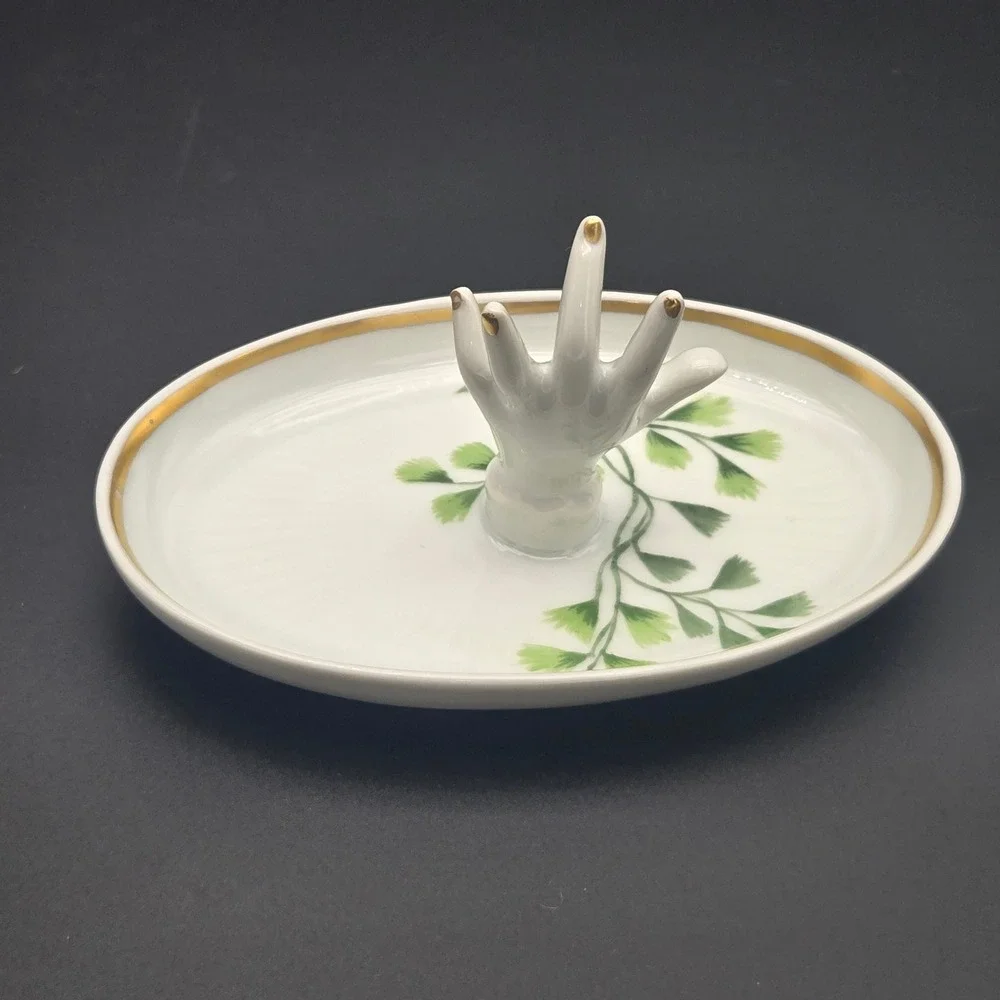 Vintage Porcelain Mini Hand Ring Holder Dish White Gold‎ Trim Made in France 5